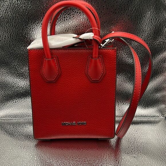 Michael Kors Mercer Crossbody Shopper Mini Bag Bright Cherry Red Silver Hardware - Picture 1 of 10